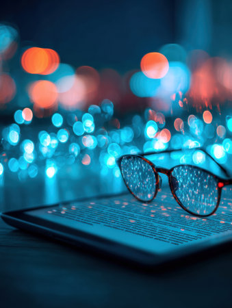 Glasses sit on a tablet showing an e-book, illuminated by colorful lights, creating a cozy reading environment in the evening.の素材