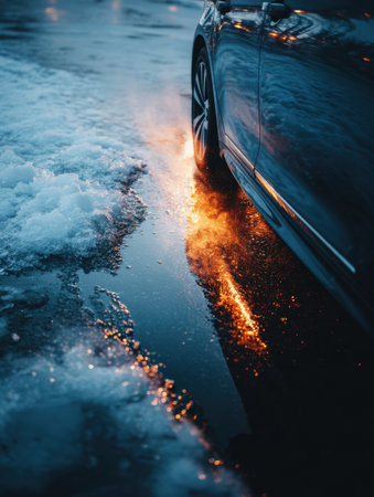 Water from melting ice creates a reflection of a car, showing the seasonal change from winter to spring in a city environment.の素材