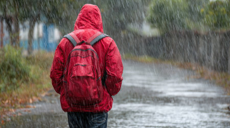 A person walks alone in the rain on a wet path, their red backpack representing emotional weight and guilt they bear.の素材