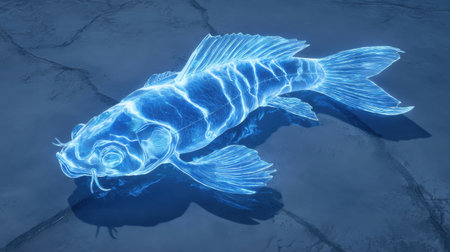 Futuristic digital fishing experience shows glowing holographic fish shimmering under the ice of a frozen lake, captivating modern anglers.の素材