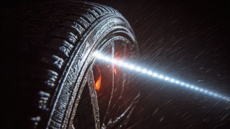 A frosted tire rotates while a beam of light pierces through the winter setting, highlighting maintenance tasks.の素材