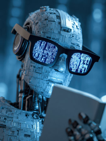 A robot equipped with AR glasses is carefully examining data displayed in a high-tech blue-lit setting, showing advanced technology.の素材