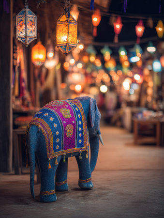 A beautifully decorated elephant stands under vibrant lanterns, creating a magical atmosphere at a festive outdoor celebration in the evening.の素材