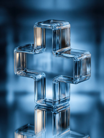 A clear glass medical cross floats on a soft blue background, reflecting clarity and symbolizing healthcare and innovation.の素材