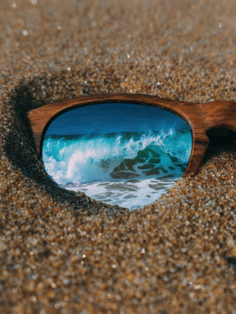 Close-up view of sunglasses lying on sand, reflecting stunning ocean waves in bright sunlight, capturing a sense of tranquility and beauty.の素材
