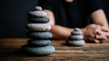 Person practices meditation at home, focusing on inner peace surrounded by carefully stacked stones creating a calming atmosphere.の素材
