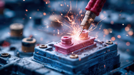 A bright electric spark appears as the terminals of a car battery connect, showing a moment of vehicle maintenance in a garage.の素材