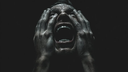 A man expresses emotional deep pain, screaming into his hands against a dark background, highlighting a moment of intense struggle.の素材