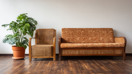 Cozy 1970s living room features warm wood tones, rattan furniture, and a large plant, inviting natural light and comfort into the space.の素材