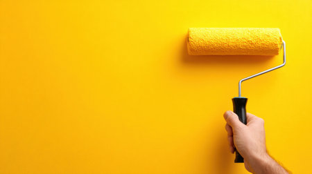 Handyman is applying fresh paint with a roller on a vibrant yellow wall in a clean, modern space, showcasing home improvement efforts.の素材