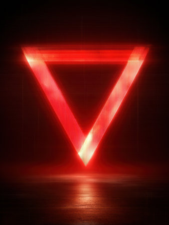 The glowing red triangle alert symbol appears prominently on a futuristic interface, indicating a critical error and drawing attention.の素材