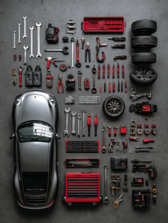 Tools for car maintenance are neatly organized on a black surface alongside a gray car, creating a detailed layout for service tasks.の素材