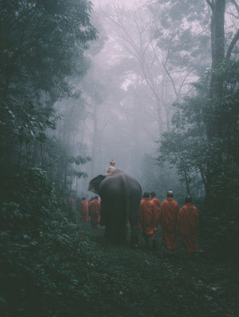 Monks dressed in orange walk behind an elephant in a foggy forest, embracing a peaceful and spiritual journey through nature.の素材