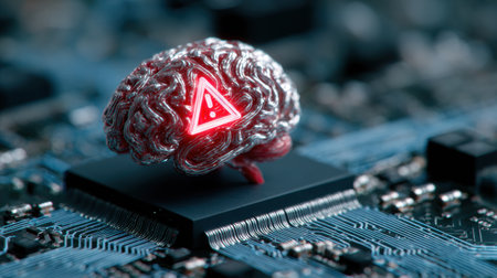 A futuristic AI brain rests on a circuit board, illuminated by red error indicators, showcasing signs of a machine malfunction.の素材