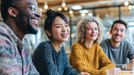 A diverse group of professionals enjoying a candid moment, laughing together around a table in a contemporary office setting.の素材