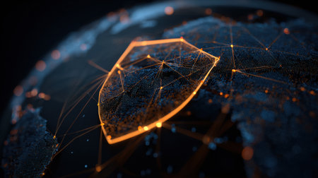 A shield icon symbolizes security on a global network, highlighting the importance of data protection and cyber defense for technology and business.の素材