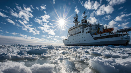 A ship navigates through jagged ice fields, basking in sunlight with a clear blue sky enhancing the Arctic landscape.の素材