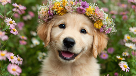 A cheerful puppy wearing a flower crown smiles brightly among colorful wildflowers, bringing joy to the sunny garden scene.の素材