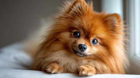 A close-up view of a fluffy Pomeranian dog lounging indoors, surrounded by soft bokeh light that creates a calming pastel atmosphere.の素材