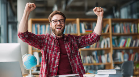 A man enthusiastically celebrates his progress in online language learning while sitting at a desk surrounded by books and a globe.の素材