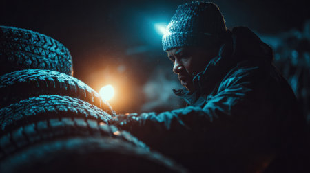 In a dimly lit garage, a worker installs snow tires on a vehicle, highlighting careful attention as winter approaches.の素材