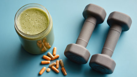Bright blue surface displays a healthy setup with a green smoothie in a jar, vitamins scattered, and dumbbells ready for a workout.の素材