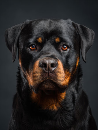 This Rottweiler presents a calm and confident expression, standing out with a clean, simple background that highlights its features.の素材