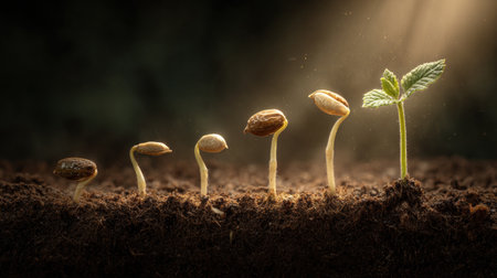 Sequence of five young plants emerging from soil under sunlight, displaying various growth stages of seed germination and development.の素材