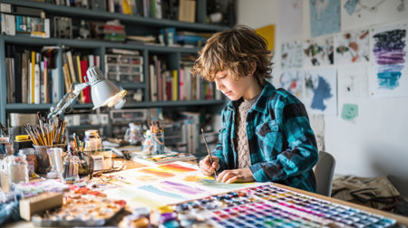 Child joyfully paints a rainbow on a desk covered with art supplies in a colorful and creative studio space, showcasing imagination and expression.の素材