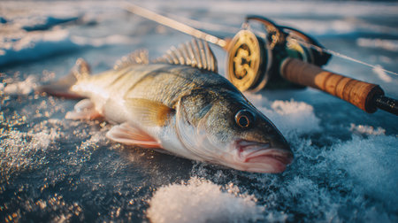 Fresh fish rests on the icy surface next to a fishing rod, showcasing winter fishing leisure activities in a serene lake setting.の素材
