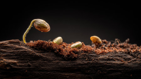 Macro view captures soil with sprouting seeds, highlighting natures process of growth and new beginnings during springtime.の素材