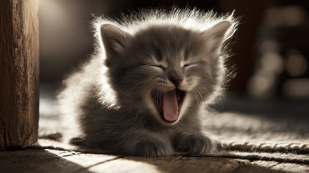 A gray kitten yawns while lying on a warm surface, surrounded by gentle sunlight creating a peaceful and sleepy mood.の素材