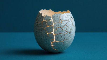 A cracked egg with light seeping through symbolizes the delicate balance of ideas and the potential for failure in creative endeavors.の素材
