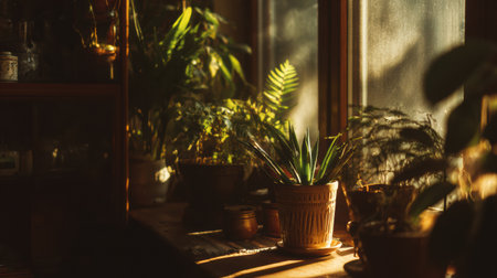 Interior bathed in warm light showcases lush green plants on a wooden surface, inviting a calm and slow living vibe during the dayの素材