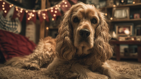 A cocker spaniel with long ears is resting on a soft rug. The warm retro lighting creates a cozy atmosphere, enhancing the charm of the surroundings.の素材