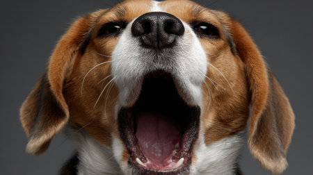 A beagle is caught mid-yawn, displaying its funny and relaxed demeanor in a simple setting. This close-up offers a delightful view.の素材