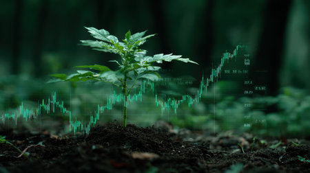 A young green plant rises from rich soil, overlaid with a digital stock market graph, symbolizing the connection between finance and sustainability.の素材