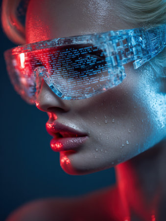 A hologram virtual assistant is visible through futuristic smart glasses, showcasing a neon light design in a tech-focused setting.の素材