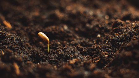 A close-up of rich soil revealing a seed that has just started to germinate, representing new beginnings and natural growth.の素材