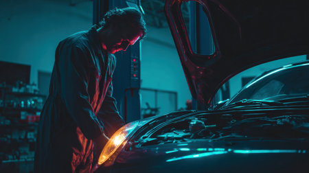 A mechanic works on replacing a car battery in a while garage winter light creates a reflective atmosphere inside.の素材