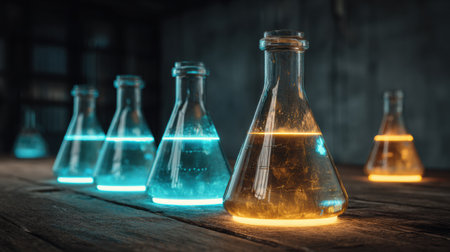 Clean lab glassware filled with bright, glowing liquids rests on a wooden table in a contemporary laboratory setting.の素材