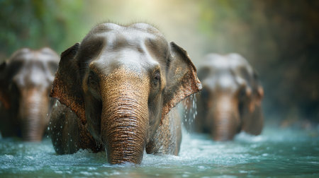 Three elephants splash joyfully in a clear, tropical river while surrounded by vibrant foliage, creating a serene, peaceful scene.の素材