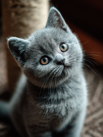 A gray kitten sits with a tilted head, showing curiosity in a cozy indoor space with gentle, natural light.の素材