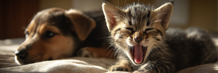 A playful kitten yawns beside a relaxed puppy, basking in the soft morning sunlight, showing their adorable friendship and warmth.の素材