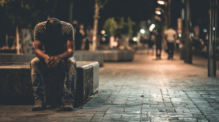 A man sits alone on a bench at night, head down, conveying feelings of guilt and emotional weight in cold lighting on an empty street.の素材