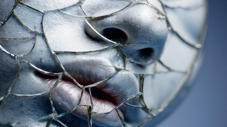 A cracked mirror captures a distorted face, showcasing themes of insecurity, low self-esteem, and inner struggle in an artistic manner.の素材