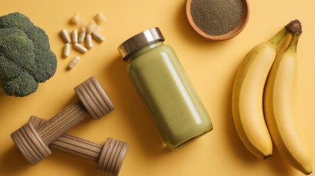 Colorful arrangement showing a green smoothie in a jar, fresh bananas, vitamins, dumbbells, and broccoli on a bright yellow surface.の素材
