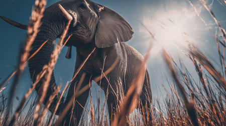 An elephant strolls through tall grass, basking in the bright sunlight, embodying the beauty of nature and wildlife harmony.の素材