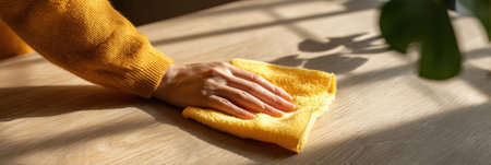 Young woman uses a microfiber cloth to clean glasses on a wooden table while sunlight streams in, creating a warm atmosphere.の素材