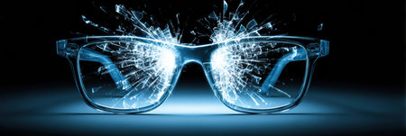 Broken glasses are reforming from light fragments in a dark space, representing themes of renewal and transformation in an abstract wayの素材